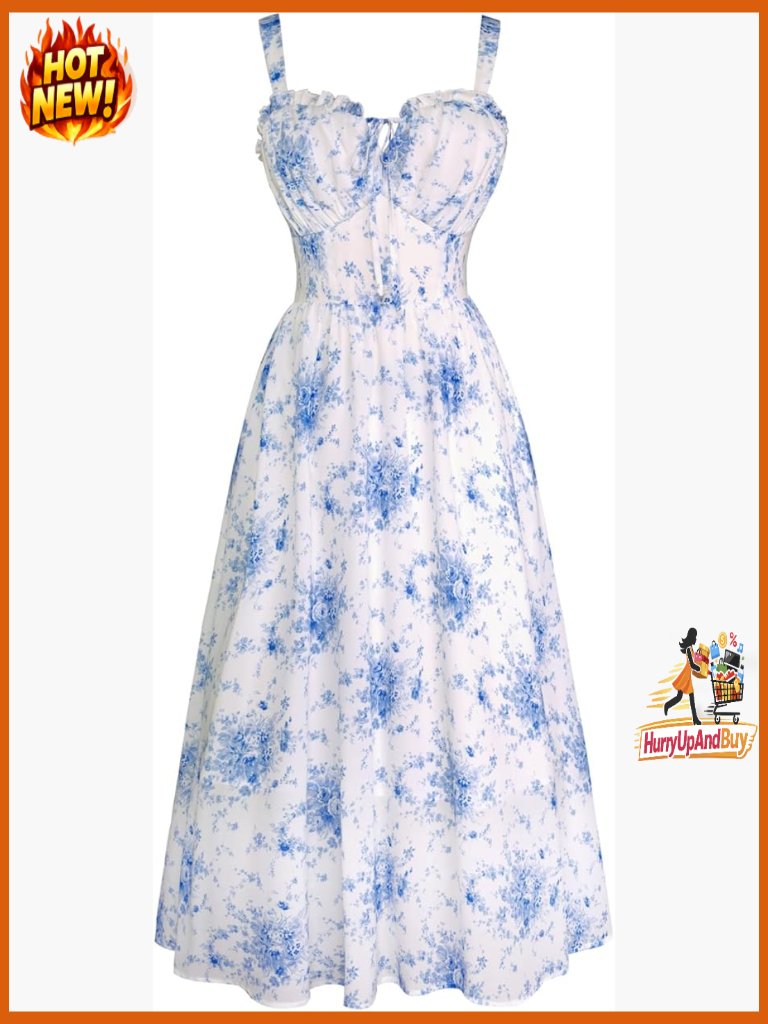 Floral Corset Dress Long Milkmaid Style Adjustable Straps Elegant Vintage Summer